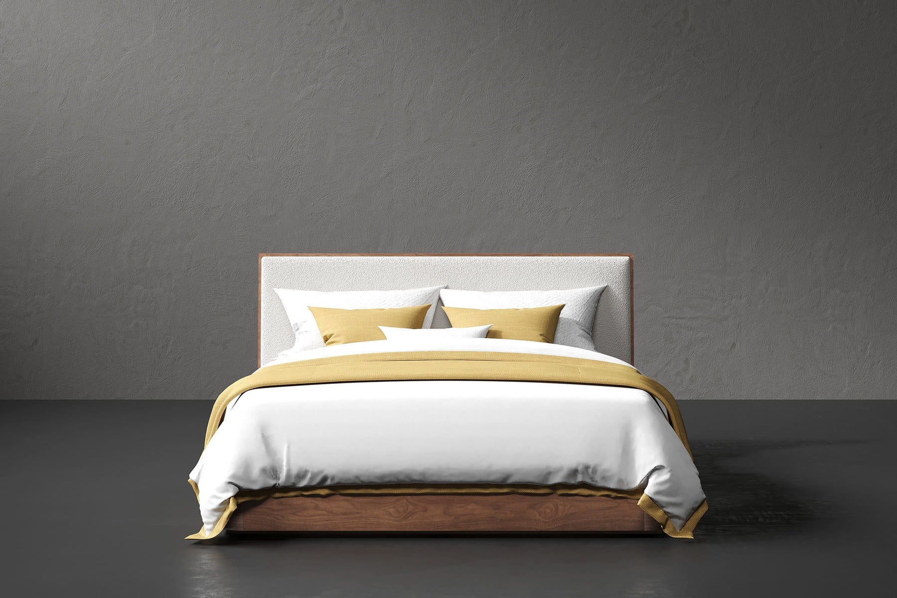 Aubert Wood Bed Frame with Bouclé Headboard & Integrated Nightstands