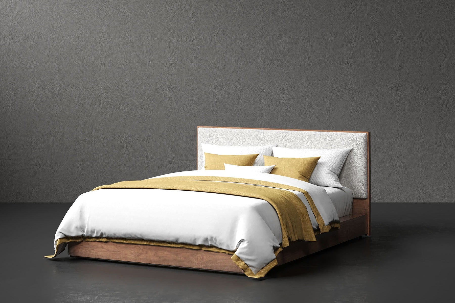 Aubert Wood Bed Frame with Bouclé Headboard & Integrated Nightstands