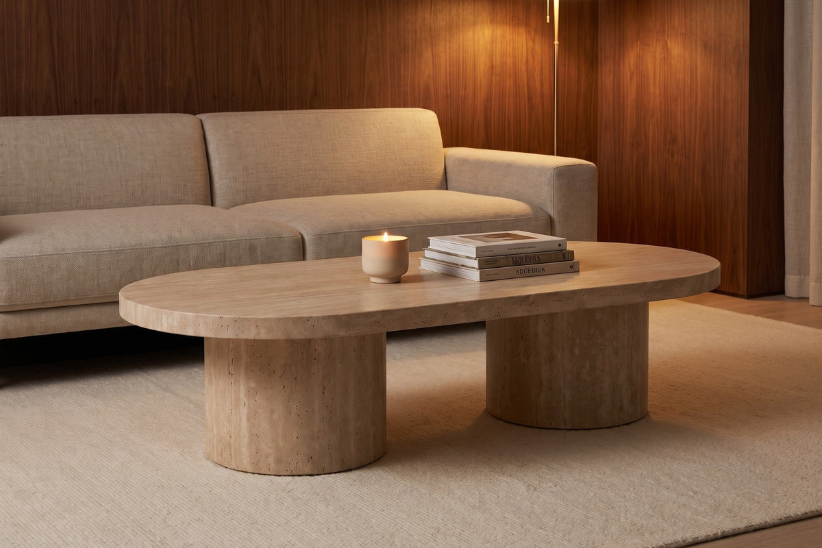Bandol Travertine Coffee Table – 48" Oval, Twin Drum Base