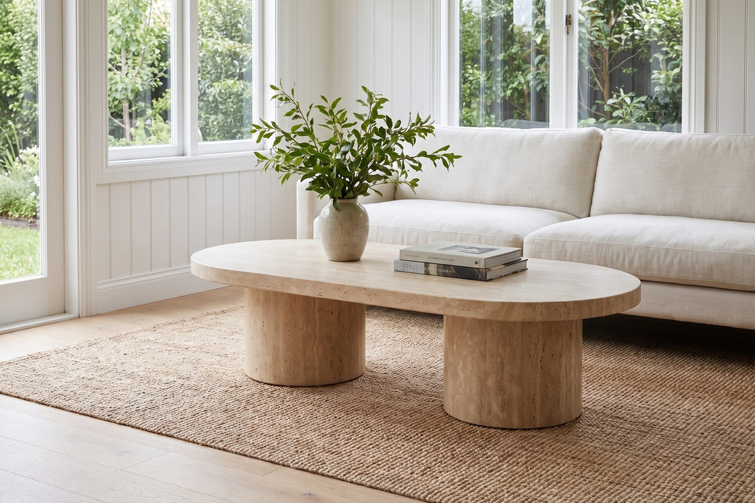 Bandol Travertine Coffee Table in a room setting