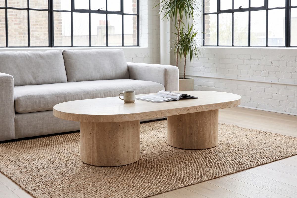 Bandol Travertine Coffee Table – 48" Oval, Twin Drum Base