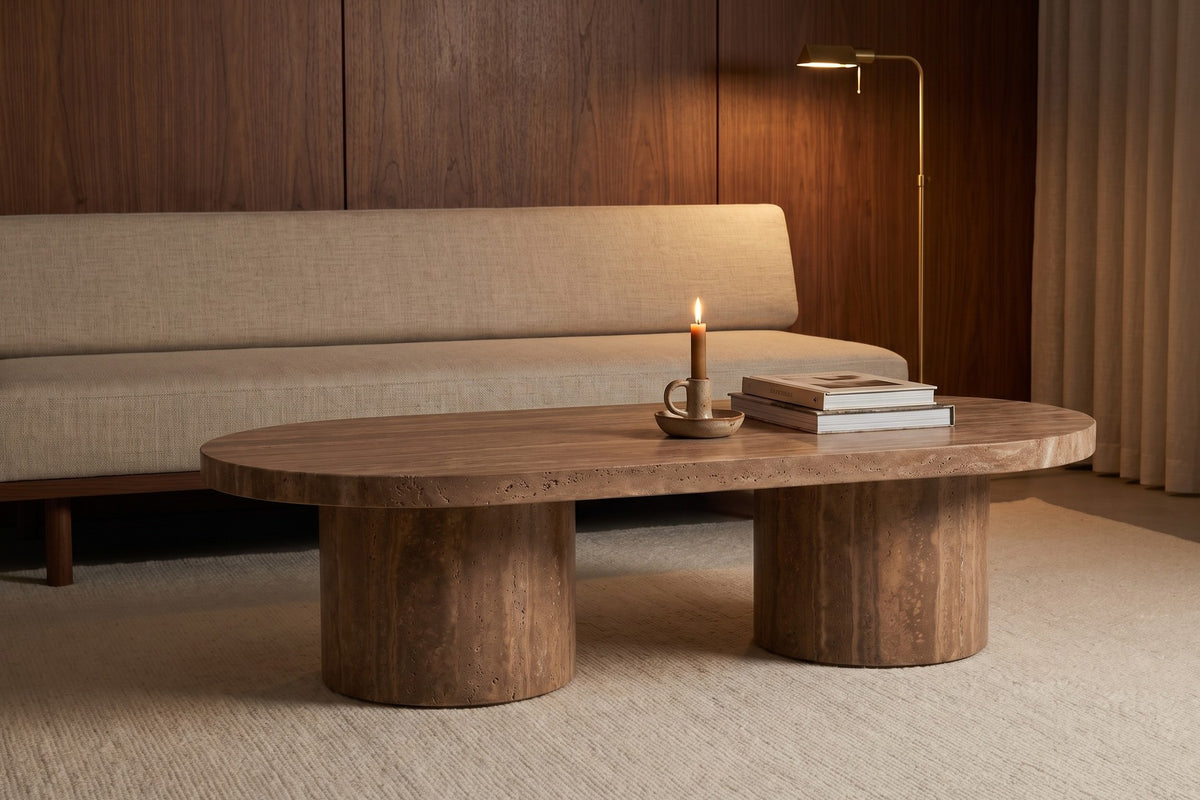 Bandol Travertine Coffee Table – 48" Oval, Twin Drum Base