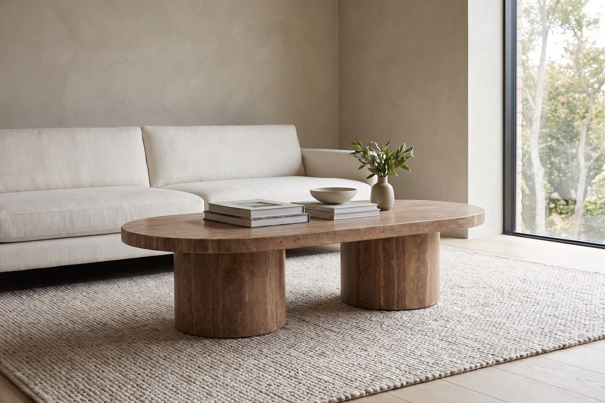 Bandol Coffee Table in Noce Travertine, in a living space
