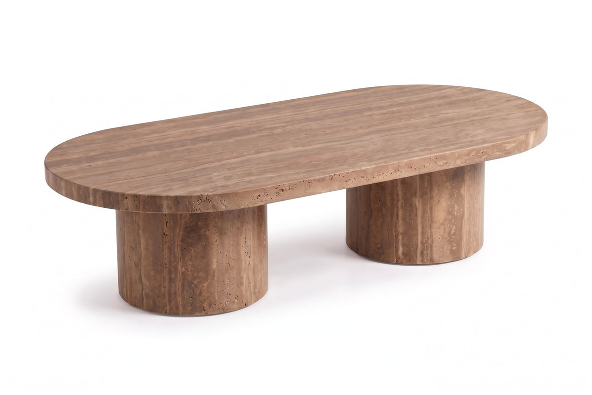 Bandol Coffee Table in Noce Travertine, three-quarter view on white