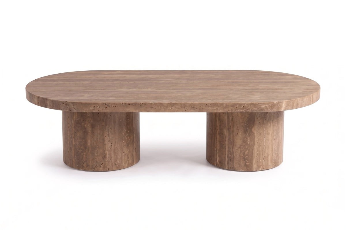 Bandol Coffee Table in Noce Travertine, front view on white
