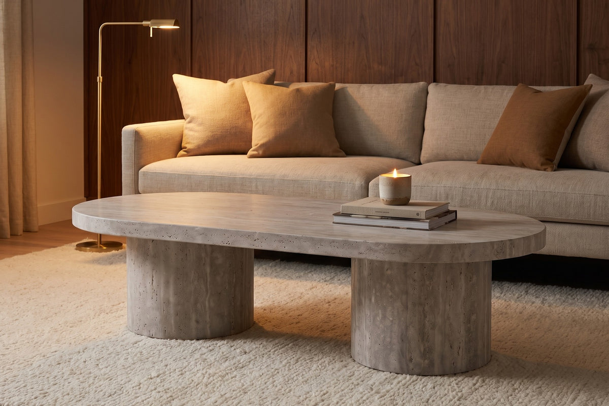 Bandol Coffee Table in Silver Travertine, in a room setting