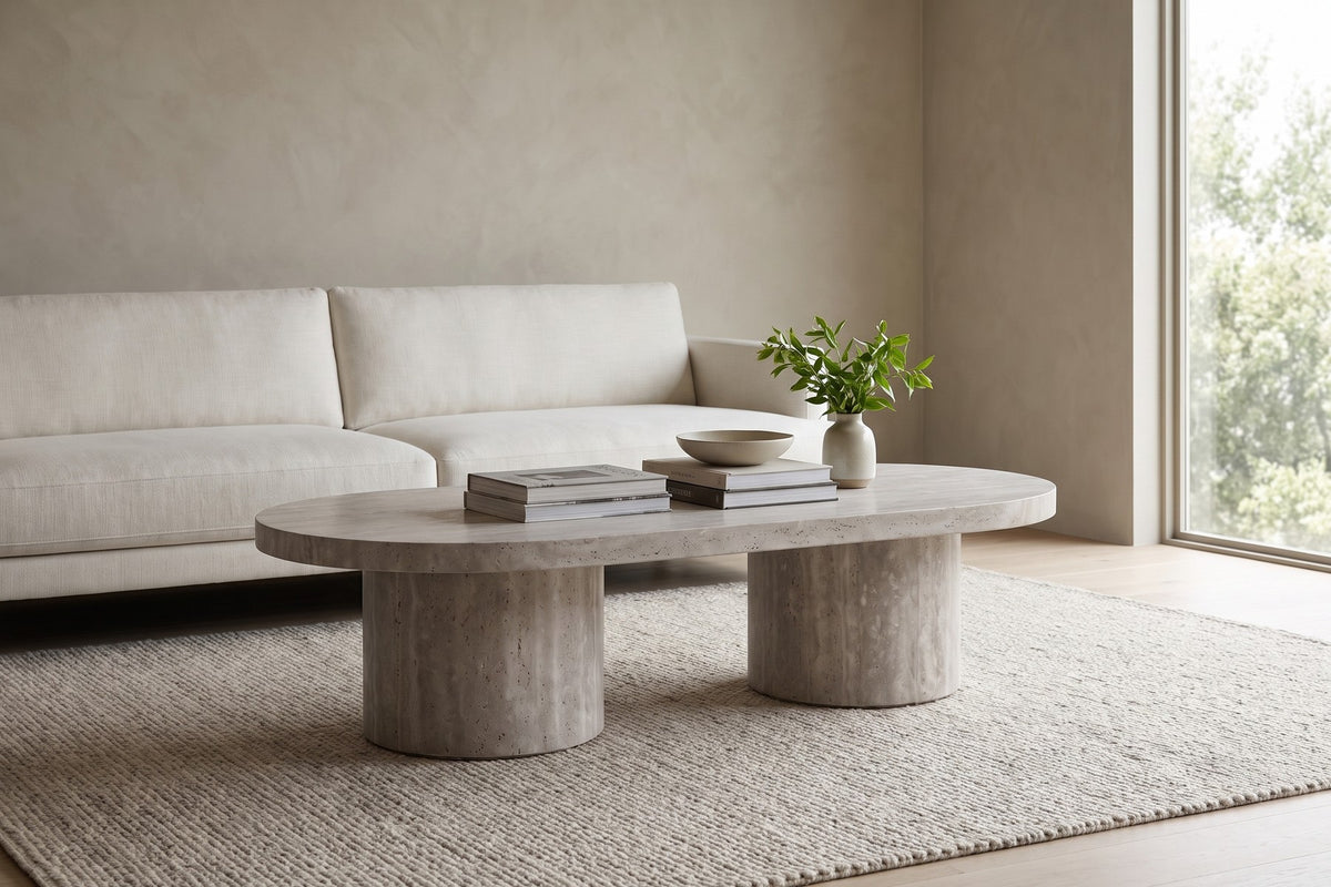 Bandol Travertine Coffee Table – 48" Oval, Twin Drum Base
