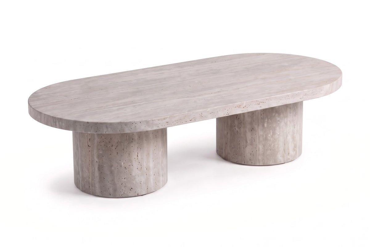 Bandol Coffee Table in Silver Travertine, three-quarter view on white