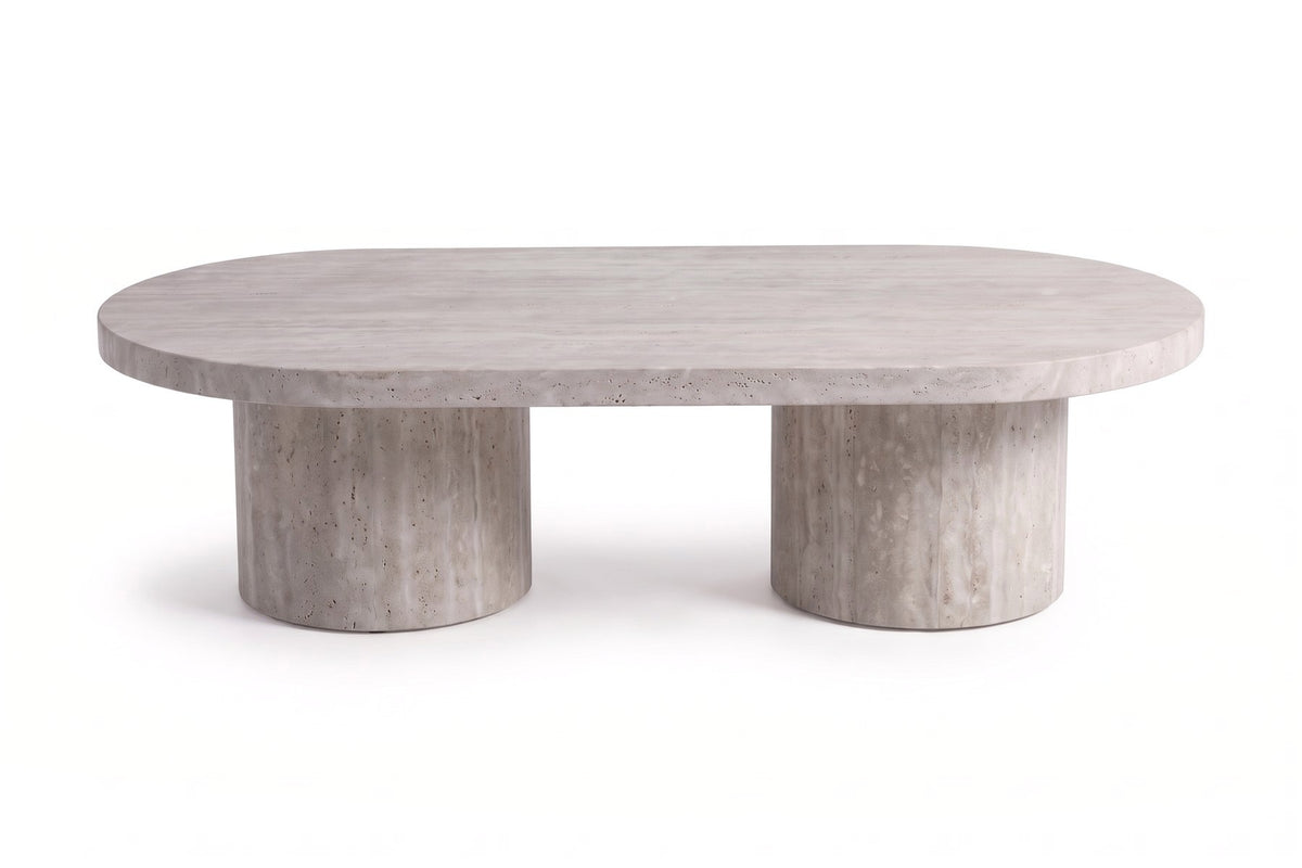 Bandol Travertine Coffee Table – 48" Oval, Twin Drum Base