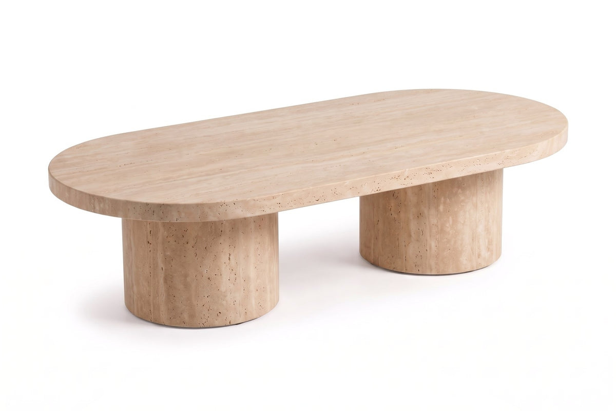 Bandol Travertine Coffee Table – 48" Oval, Twin Drum Base