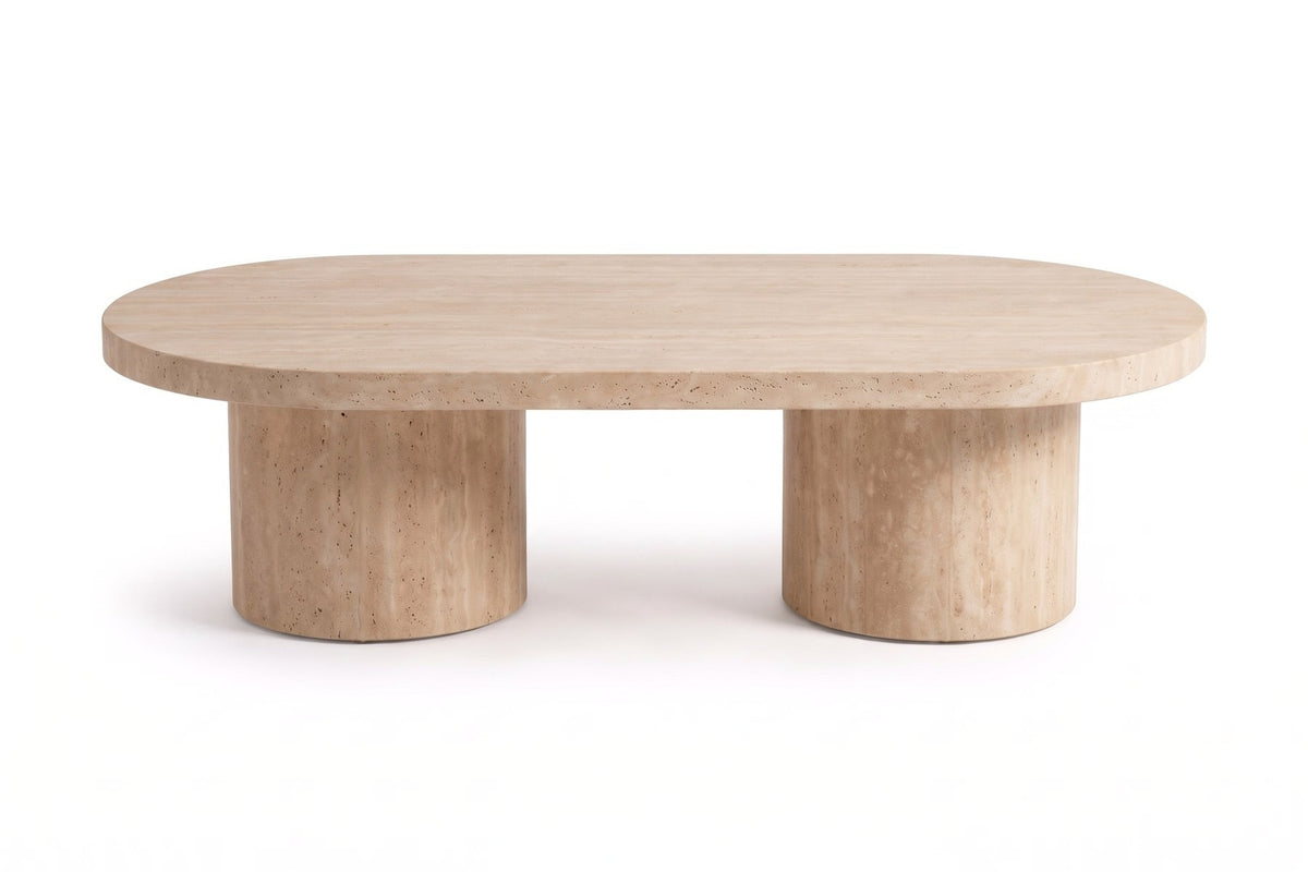 Bandol Travertine Coffee Table – 48" Oval, Twin Drum Base