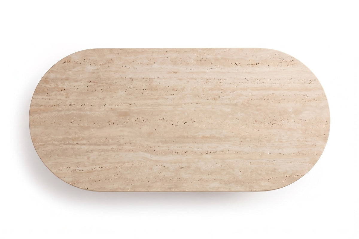 Bandol Travertine Coffee Table – 48" Oval, Twin Drum Base