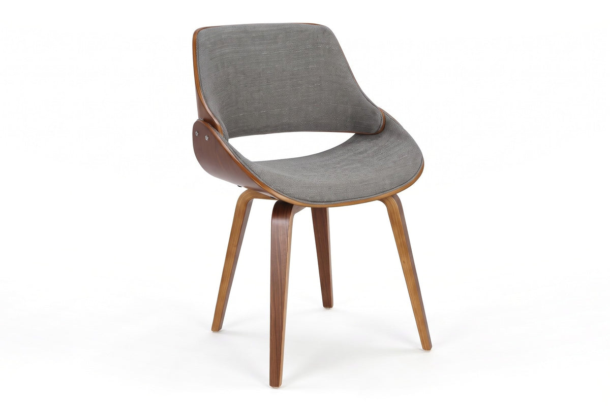 Bastien bentwood dining chair with grey fabric seat, three-quarter front view on white
