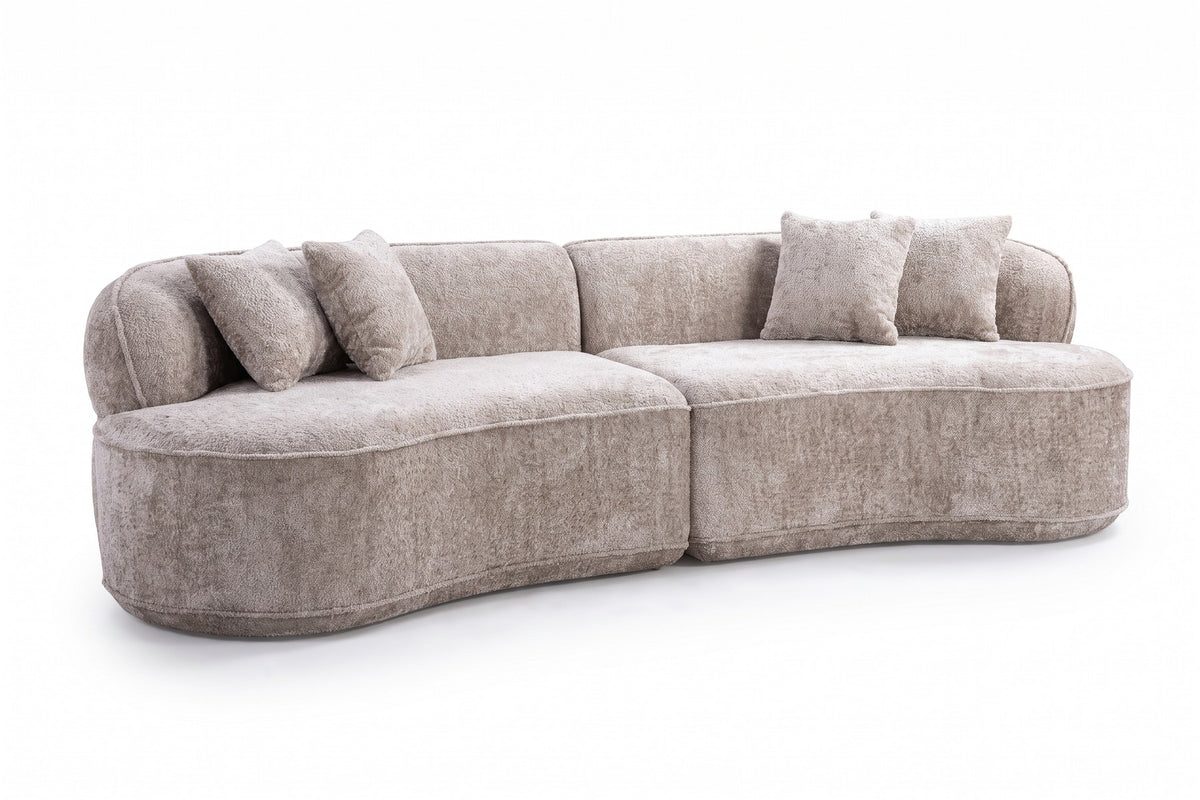 Bastille camel bouclé curved two-piece sectional, three-quarter front view on a white background