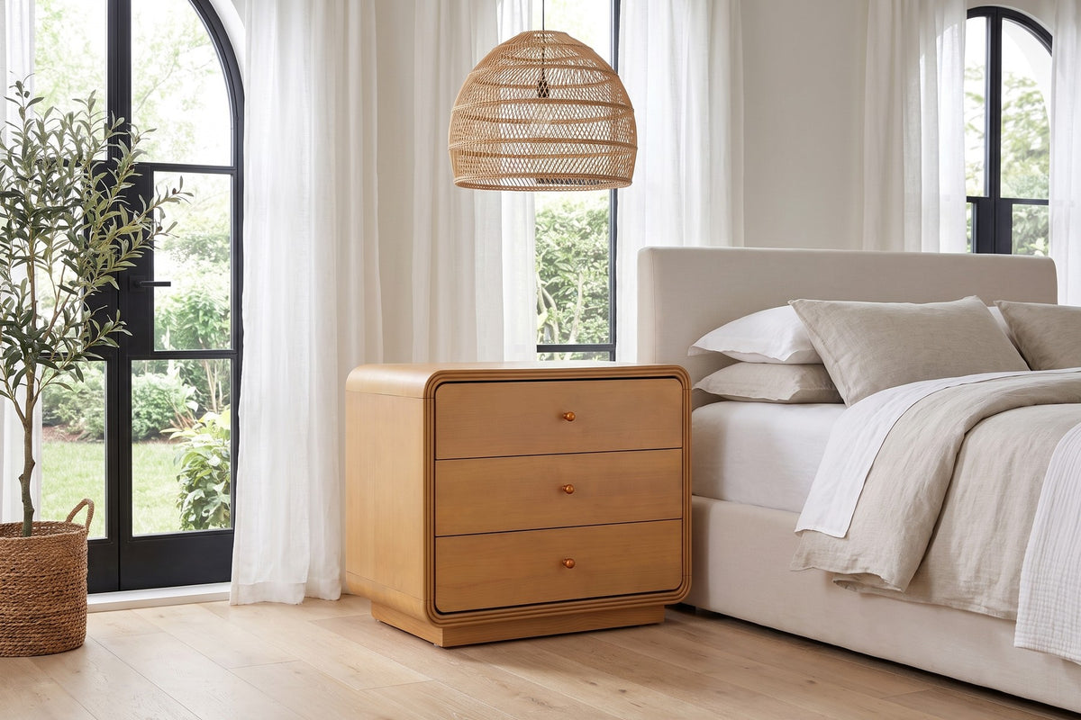Belleville Curved 3-Drawer Nightstand – Natural Finish, Plinth Base