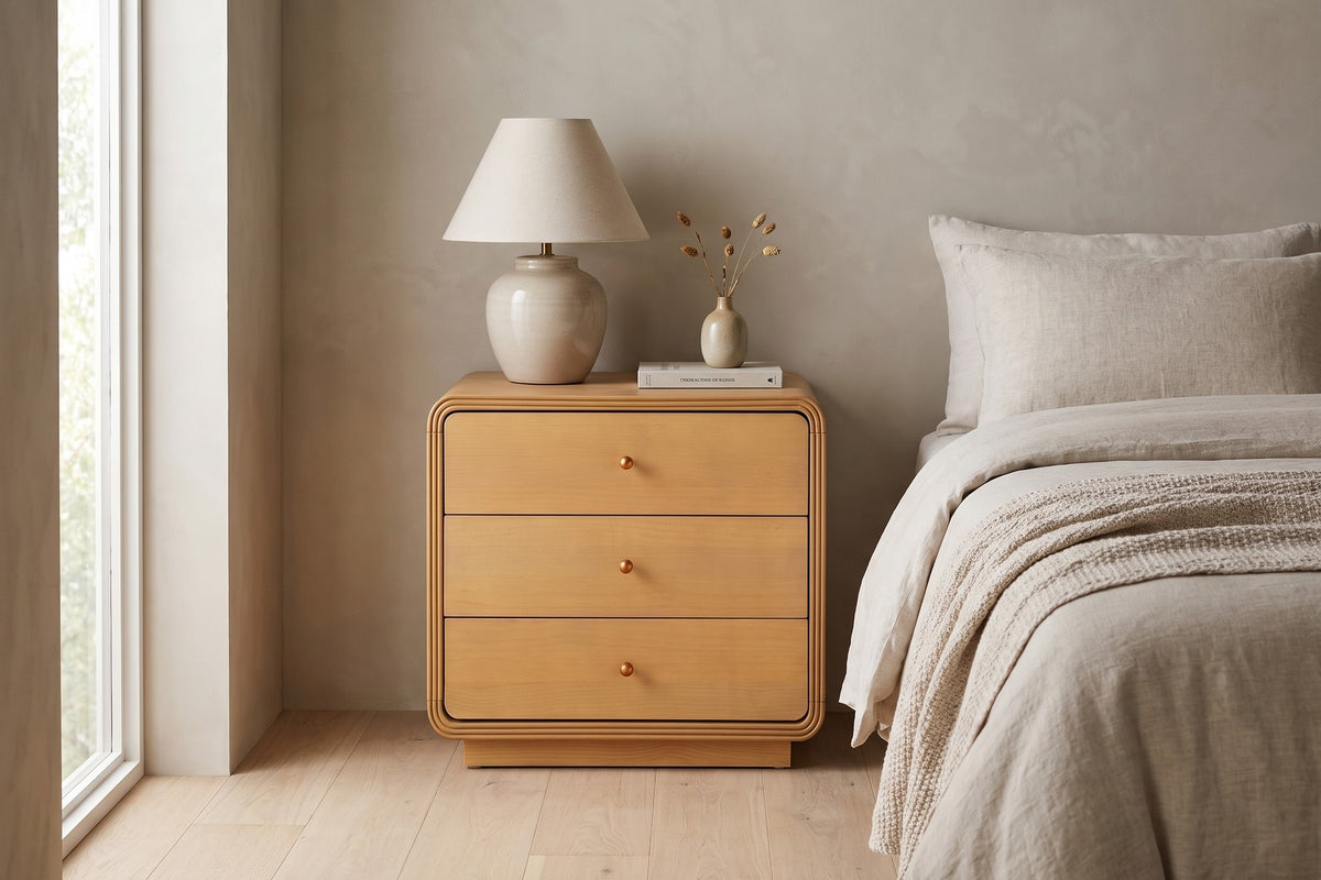 Belleville Curved 3-Drawer Nightstand – Natural Finish, Plinth Base