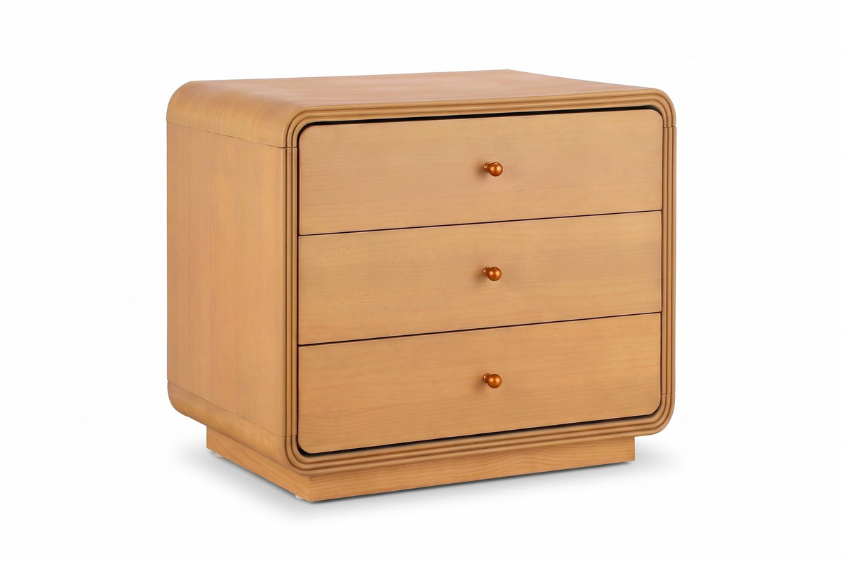 Belleville natural-finish 3-drawer nightstand with curved edges, three-quarter front view on a white background
