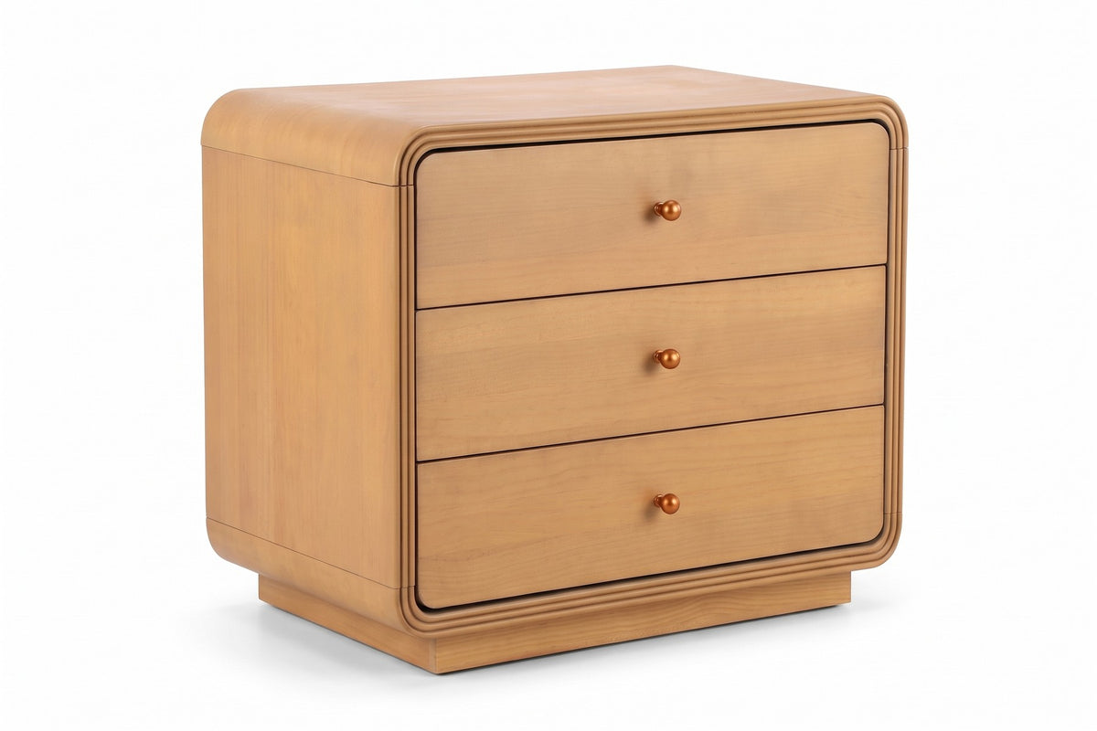 Belleville natural-finish 3-drawer nightstand with curved edges, side view, showing the curved top edge and the recessed plinth on a white background