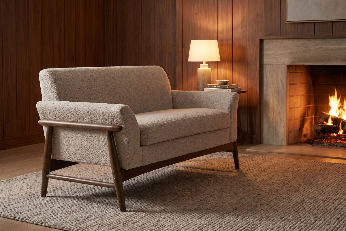 Bercy Bouclé Loveseat – Flared Arms, Walnut-Finish Elm Frame