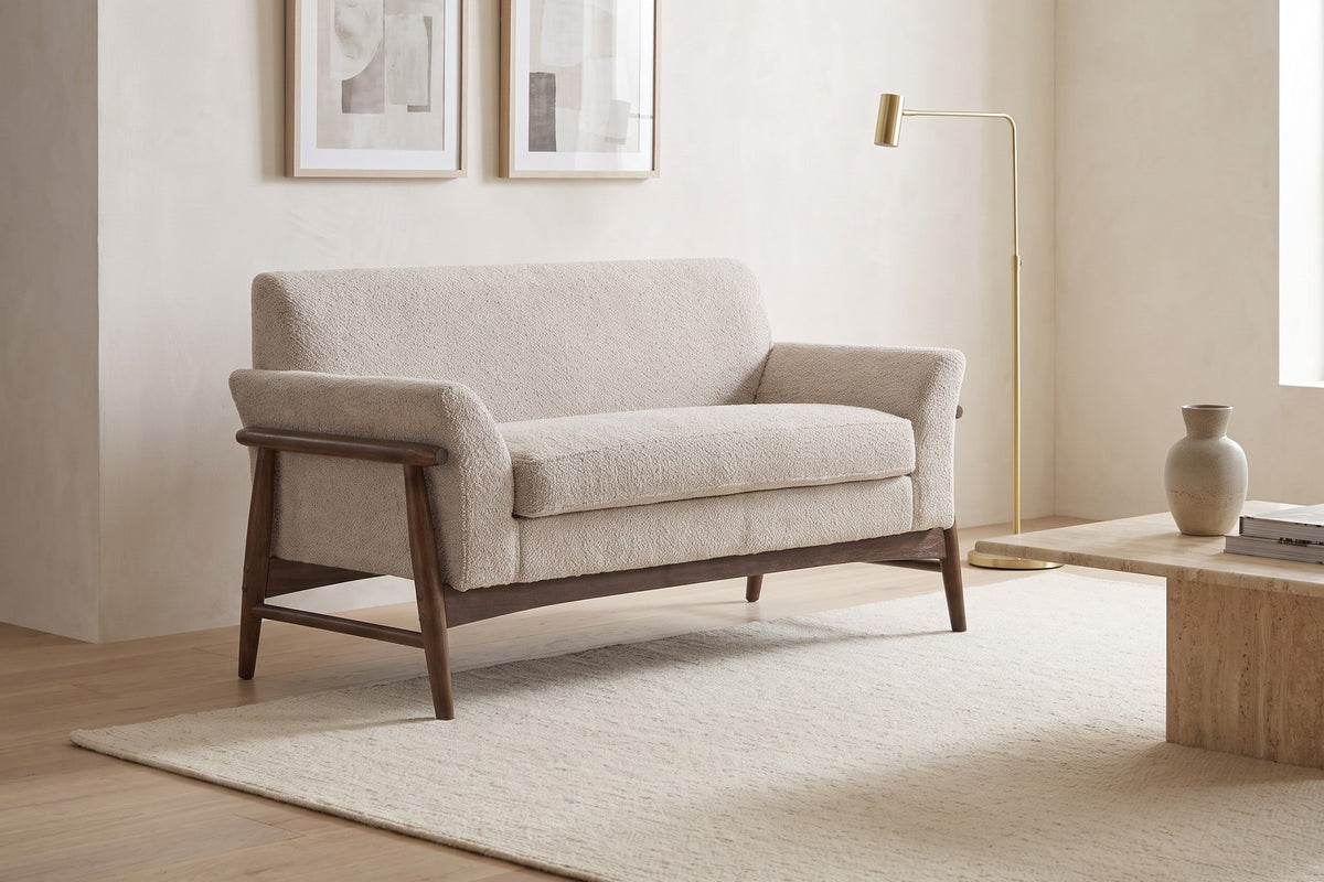 Bercy Bouclé Loveseat – Flared Arms, Walnut-Finish Elm Frame