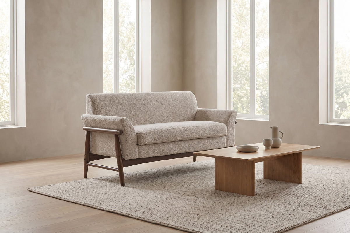 Bercy Bouclé Loveseat – Flared Arms, Walnut-Finish Elm Frame