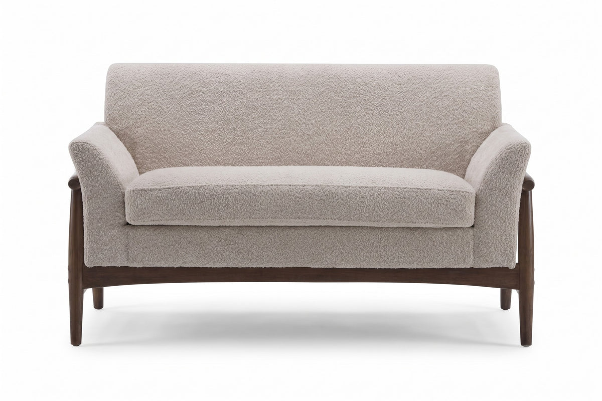 Bercy Bouclé Loveseat – Flared Arms, Walnut-Finish Elm Frame
