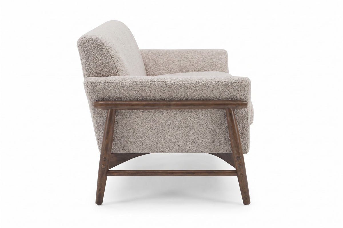 Bercy Bouclé Loveseat – Flared Arms, Walnut-Finish Elm Frame