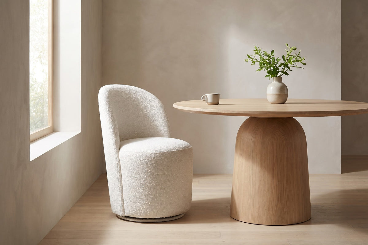 Bérénice Bouclé Swivel Dining Chair – Ivory, Upholstered Drum Base, Set of 2