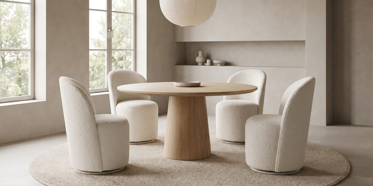Bérénice ivory bouclé swivel dining chair, set of 2 in a wide room view