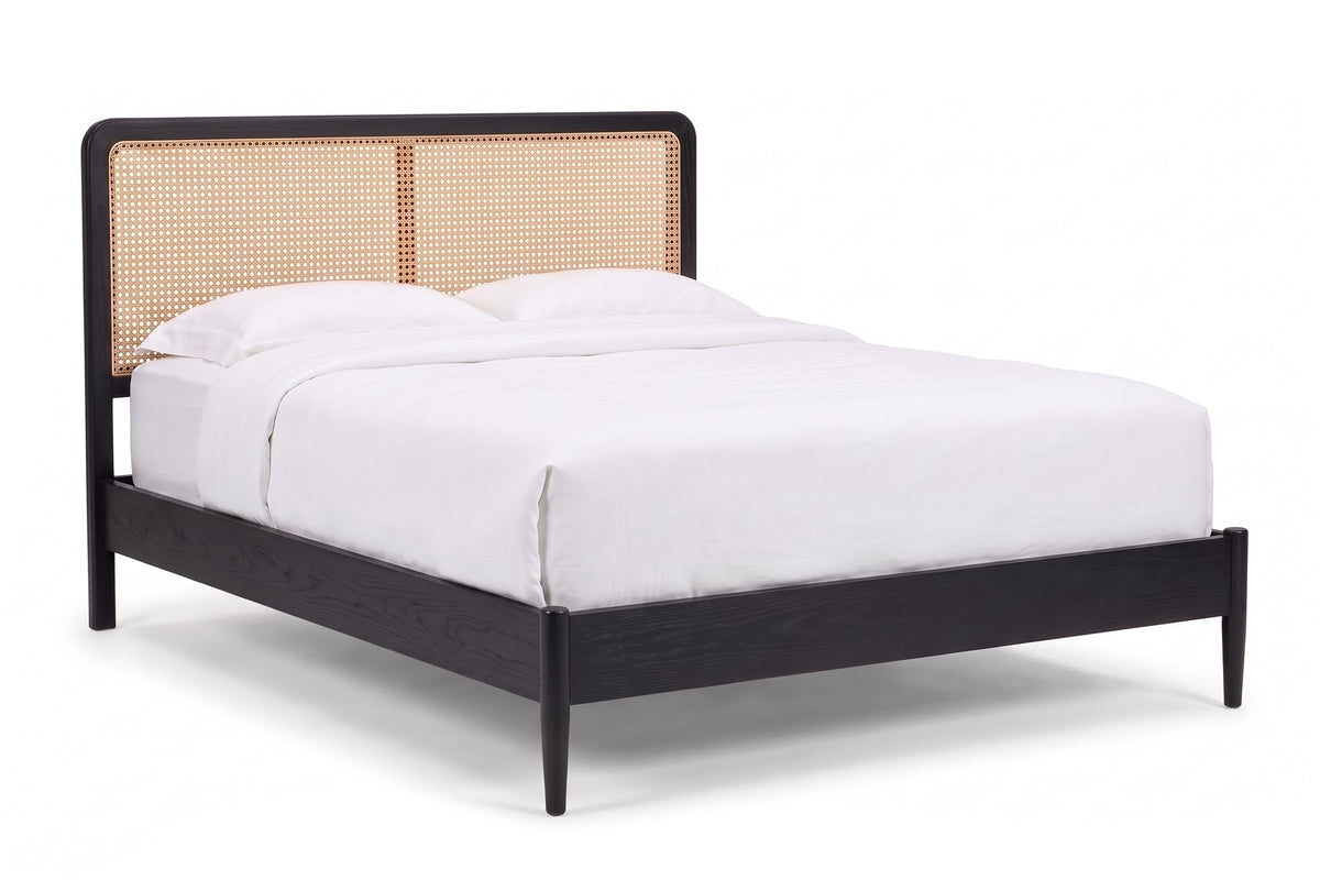 Bergerac Walnut and Cane Bed – Mid-Century, Woven Cane Headboard, Queen