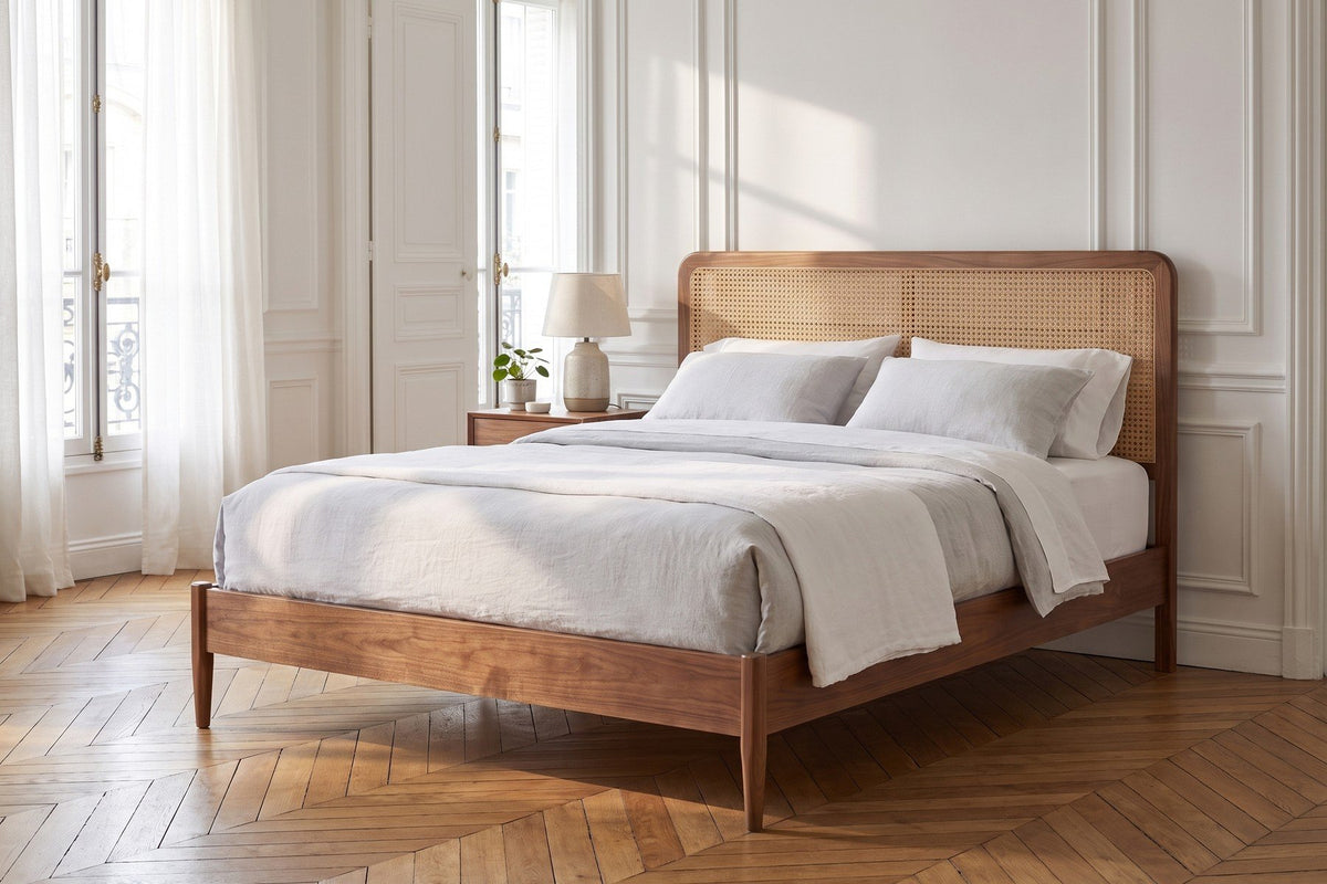 Bergerac Walnut and Cane Bed – Mid-Century, Woven Cane Headboard, Queen