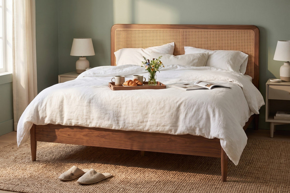 Bergerac Walnut and Cane Bed with breakfast in bed on a Sunday morning, front view