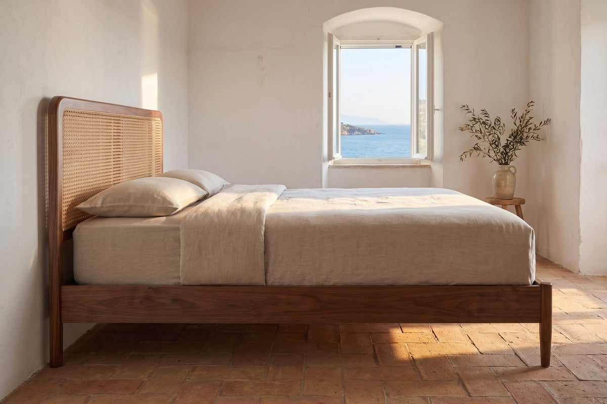 Bergerac Walnut and Cane Bed – Mid-Century, Woven Cane Headboard, Queen