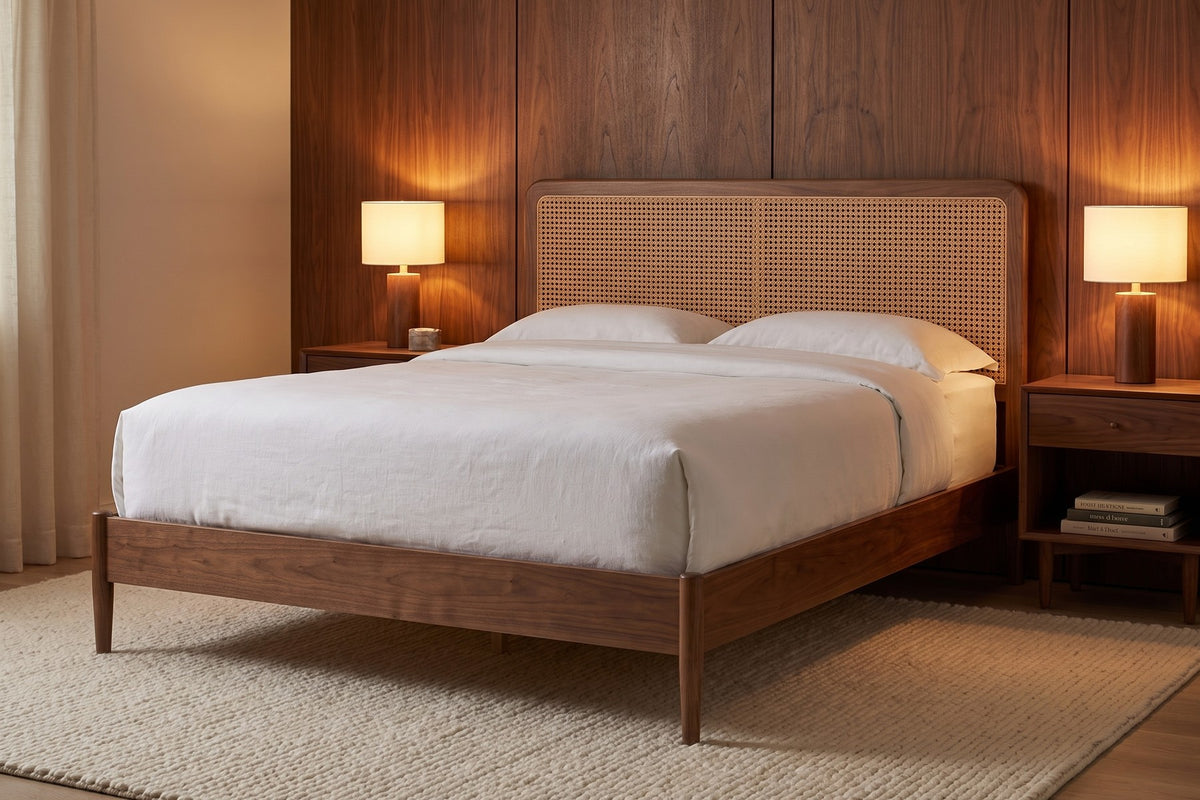 Bergerac Walnut and Cane Bed styled in a room