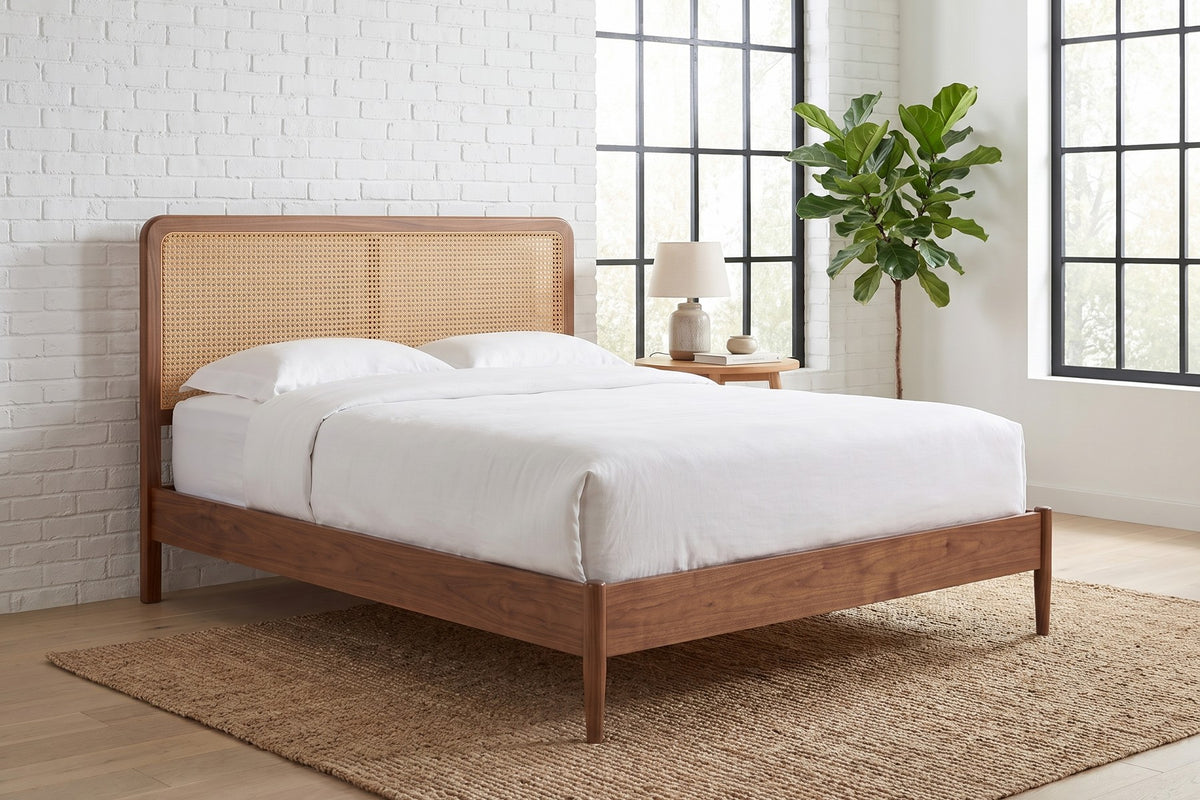 Bergerac Walnut and Cane Bed – Mid-Century, Woven Cane Headboard, Queen