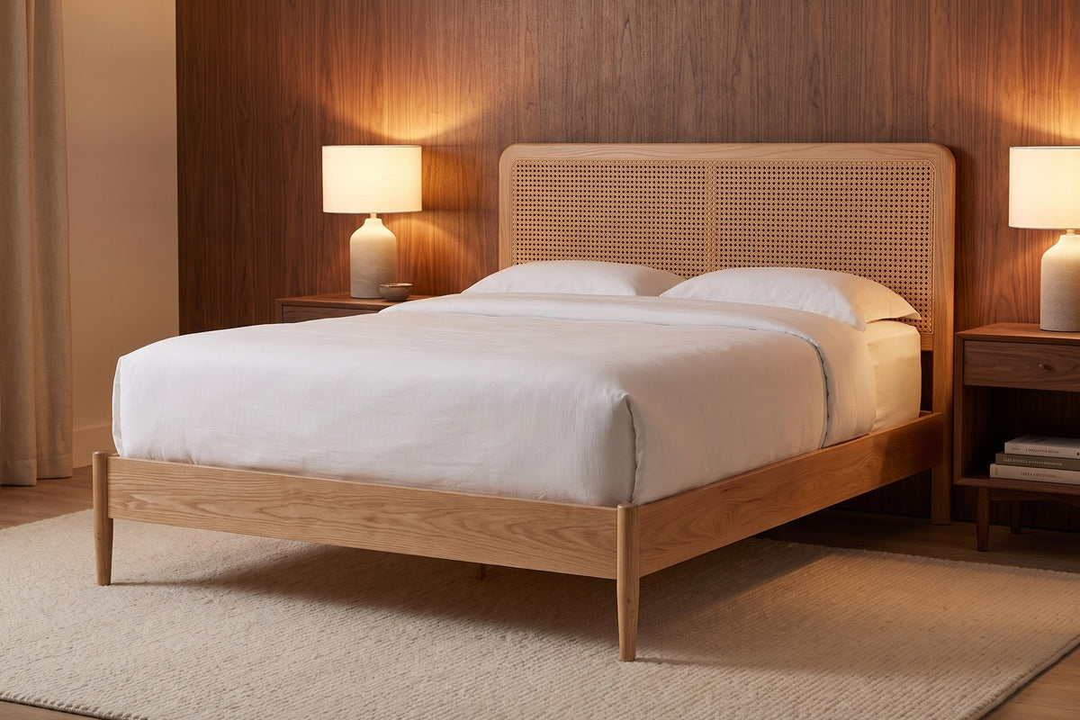 Bergerac Walnut and Cane Bed – Mid-Century, Woven Cane Headboard, Queen