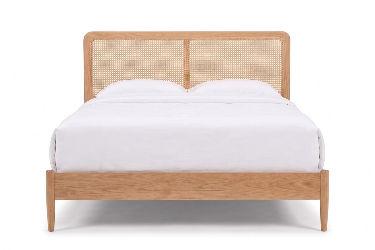 Bergerac Walnut and Cane Bed – Mid-Century, Woven Cane Headboard, Queen