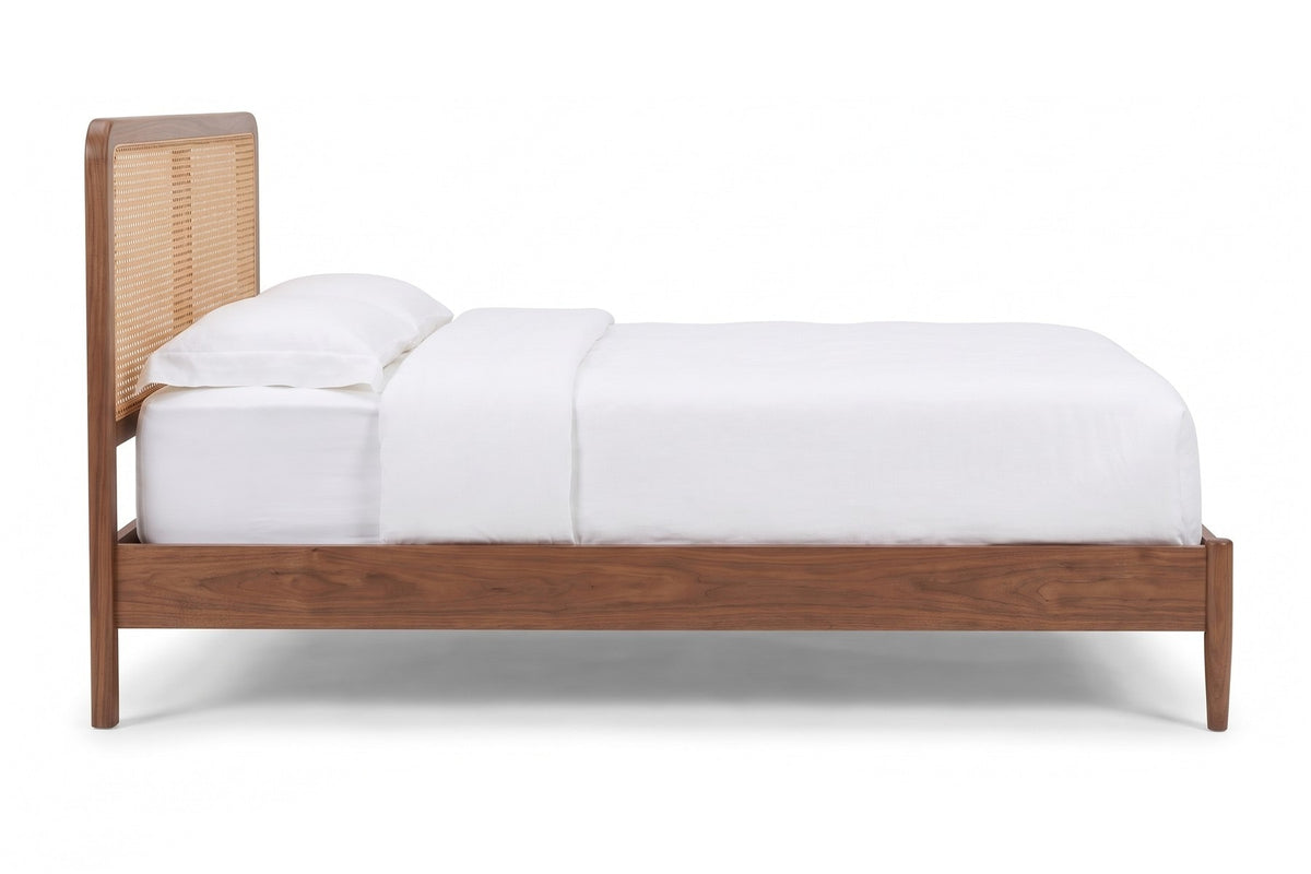 Bergerac Walnut and Cane Bed – Mid-Century, Woven Cane Headboard, Queen