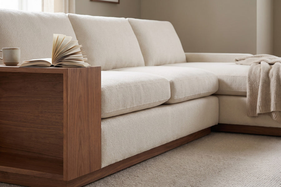 Biarritz Ivory Low Chaise Sectional with Walnut Side Table detail