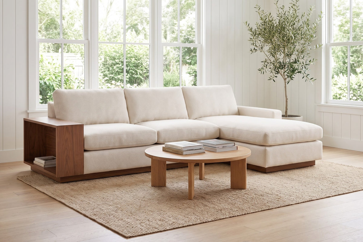 Biarritz Ivory Low Chaise Sectional with Walnut Side Table in a room