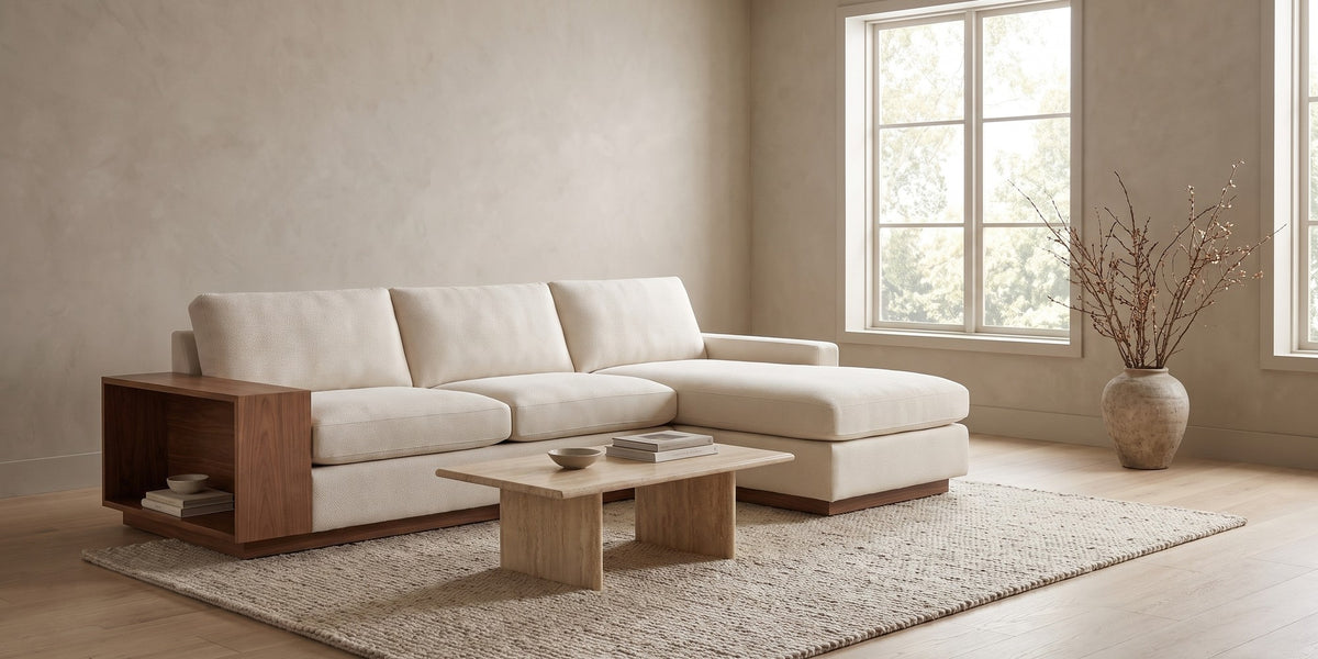 Biarritz Ivory Low Chaise Sectional with Walnut Side Table banner