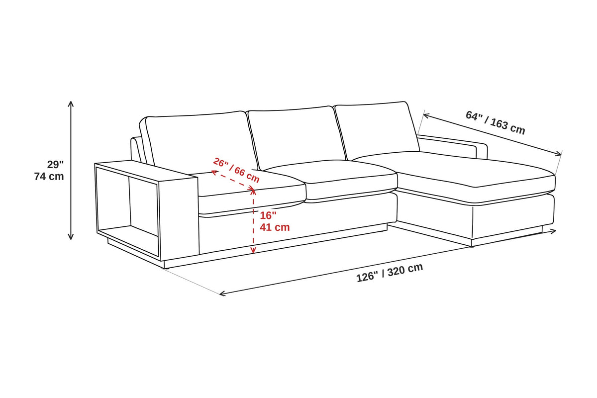 Biarritz Ivory Low Chaise Sectional with Walnut Side Table dimensions
