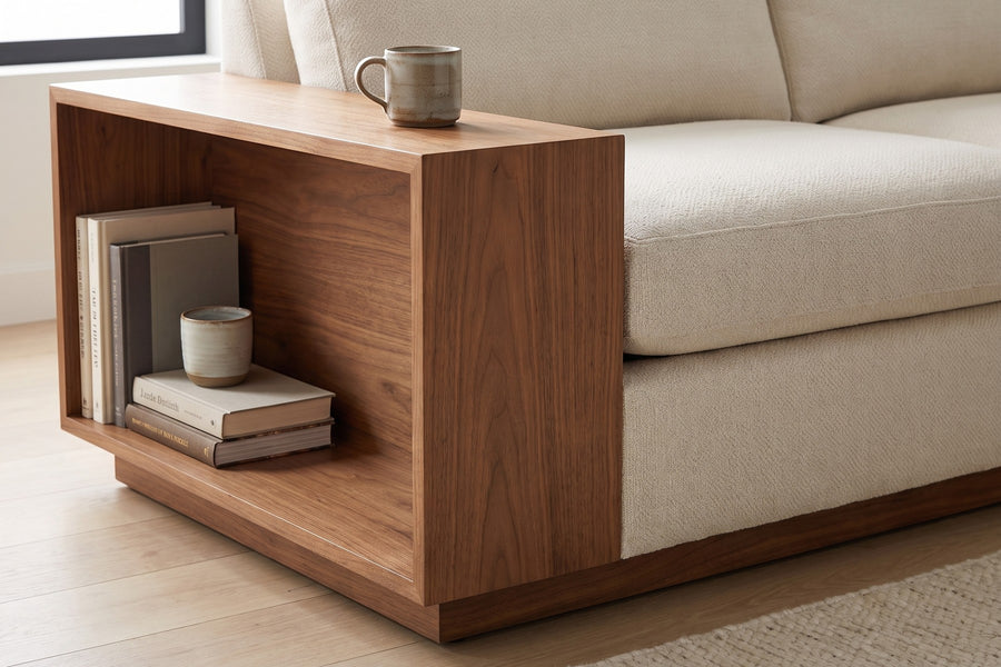 Biarritz Ivory Low Chaise Sectional with Walnut Side Table: close-up of the built-in solid walnut side table at the end of the sofa, a few books in its open shelf and a ceramic cup on its top, with the ivory seat cushion beside it