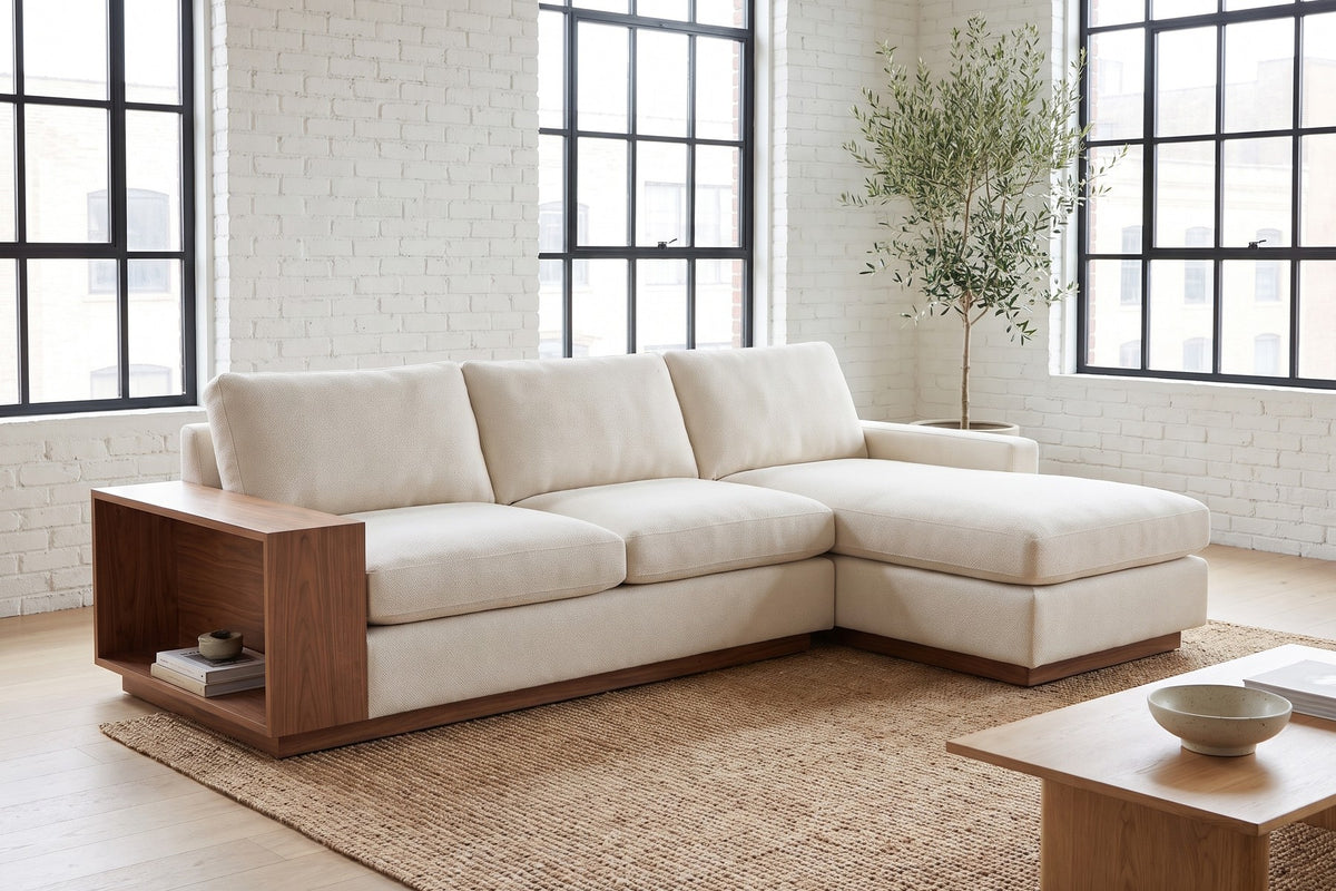 Biarritz 126" Low Chaise Sectional with Built-In Walnut Side Table – Right or Left Chaise