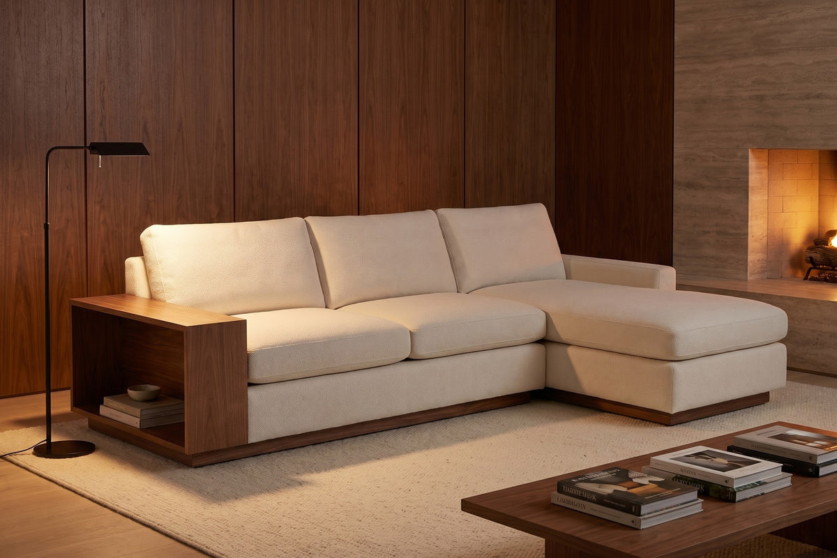 Biarritz 126" Low Chaise Sectional with Built-In Walnut Side Table – Right or Left Chaise