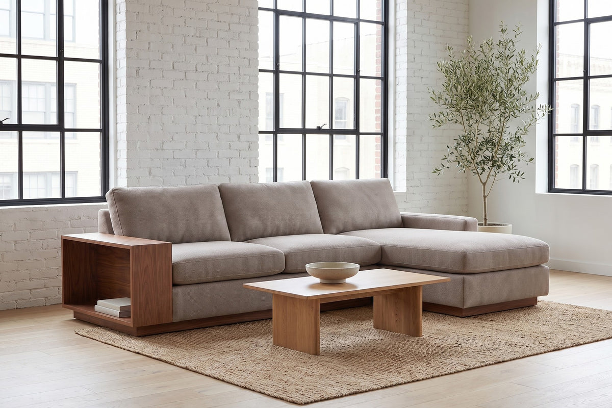 Biarritz 126" Low Chaise Sectional with Built-In Walnut Side Table – Right or Left Chaise