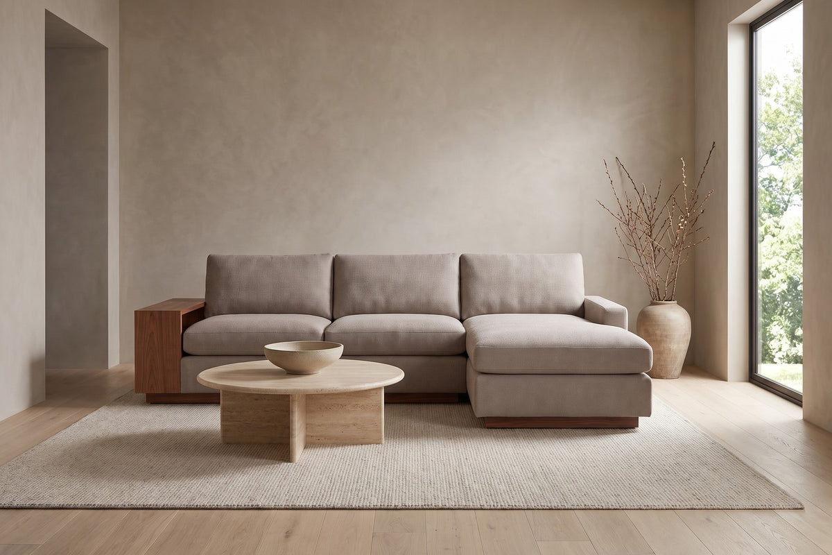 Biarritz 126" Low Chaise Sectional with Built-In Walnut Side Table – Right or Left Chaise