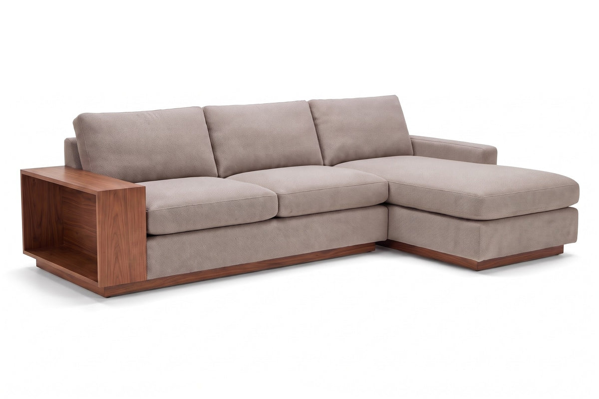 Biarritz Low Chaise Sectional with Walnut Side Table in Mushroom, three-quarter view on white
