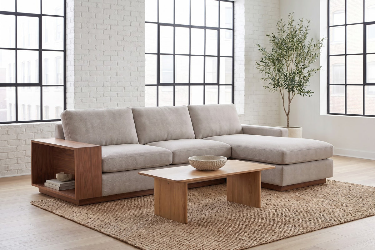 Biarritz 126" Low Chaise Sectional with Built-In Walnut Side Table – Right or Left Chaise