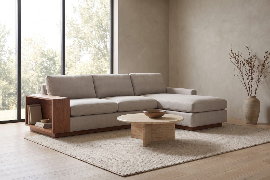 Biarritz Low Chaise Sectional with Walnut Side Table in Stone, in a living space